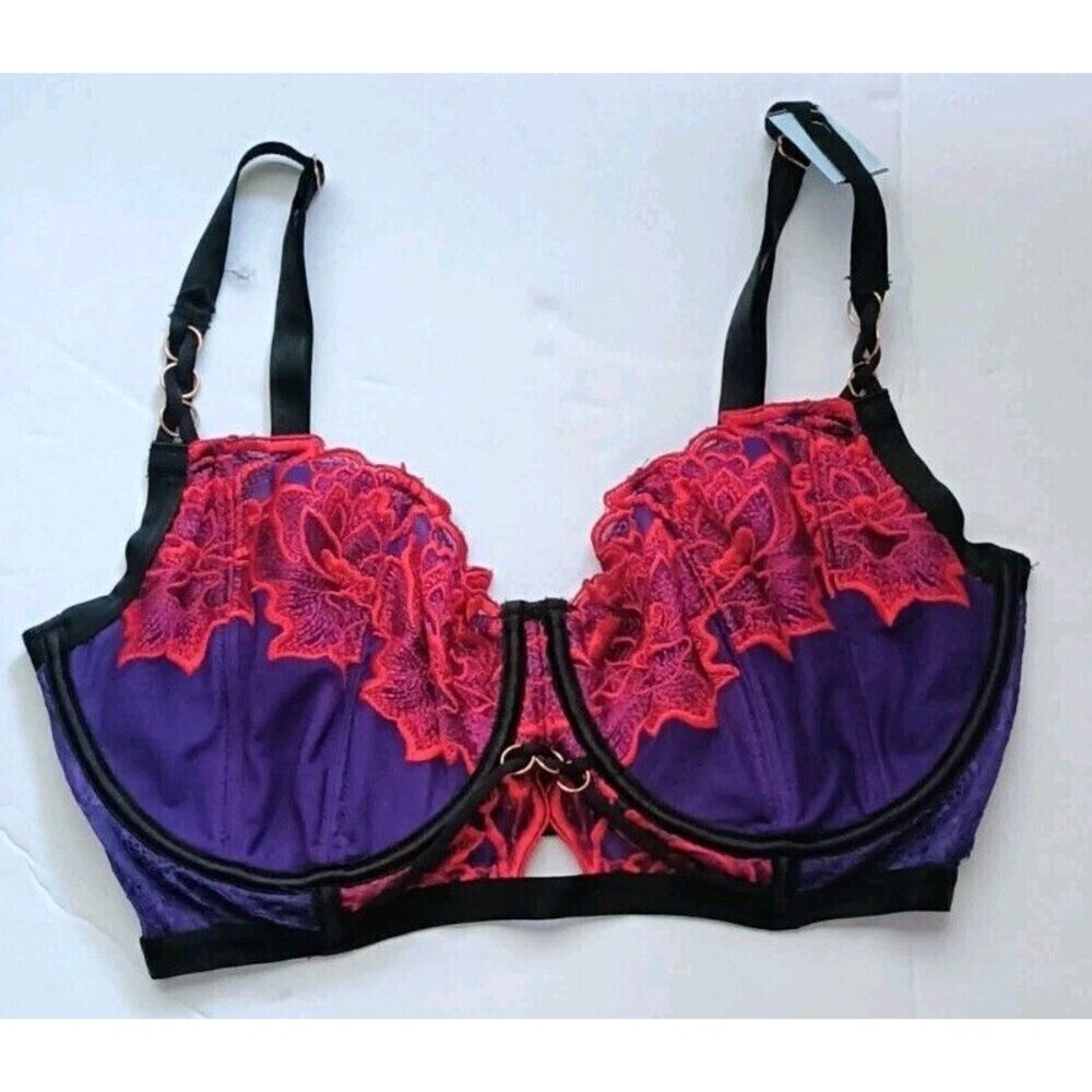 Ann Summers Balconett Bra Sz 32F Unlined Purple Red Lace Embroidered Underwire